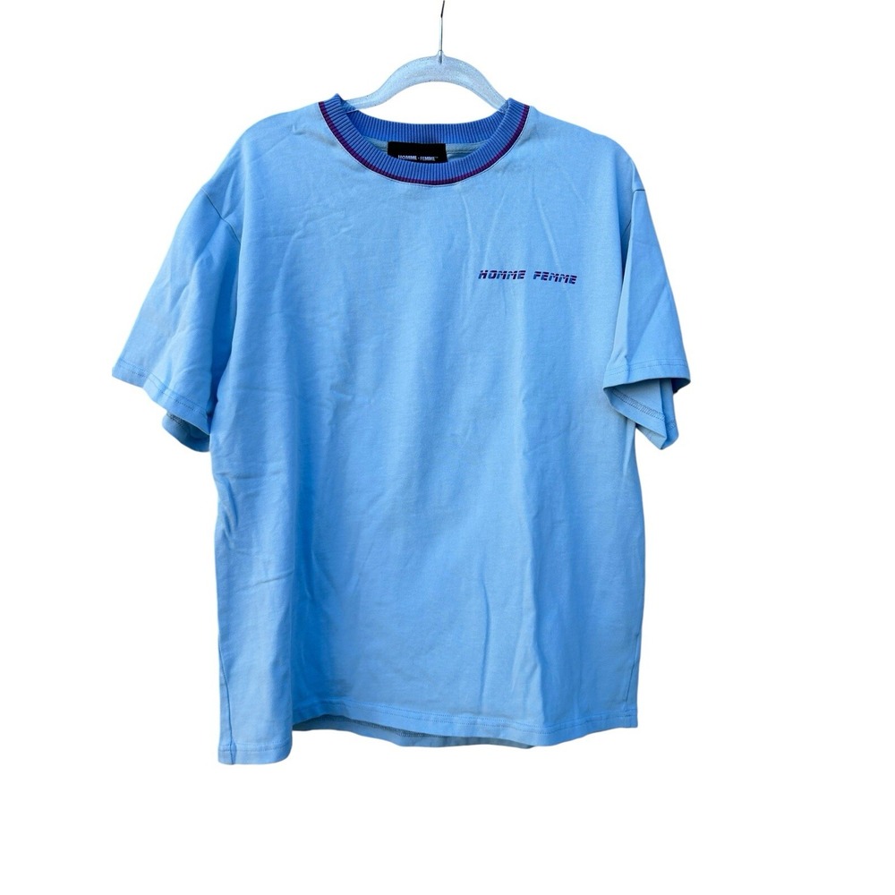 Homme Femme Mens Medium Logo Streetwear T Shirt Blue Relaxed Fit Short Sleeve